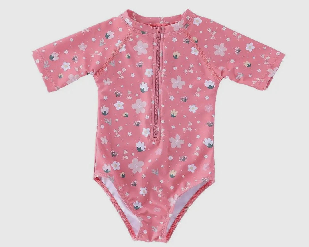 Pink Flower Zipper Swimsuit