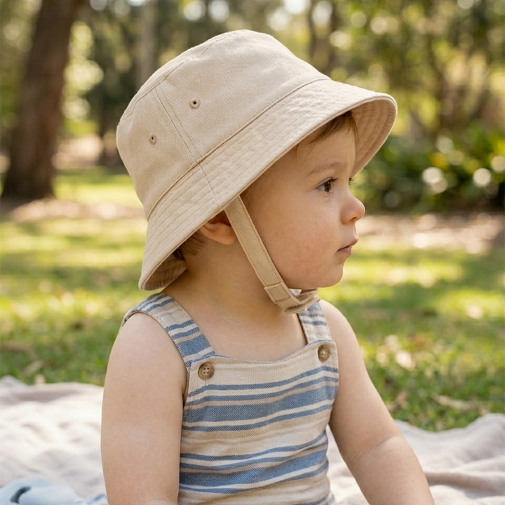 Beige Bucket hat with chin strap