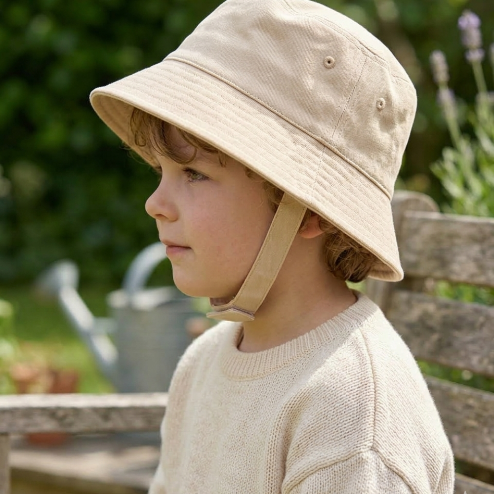 Beige Bucket hat with chin strap