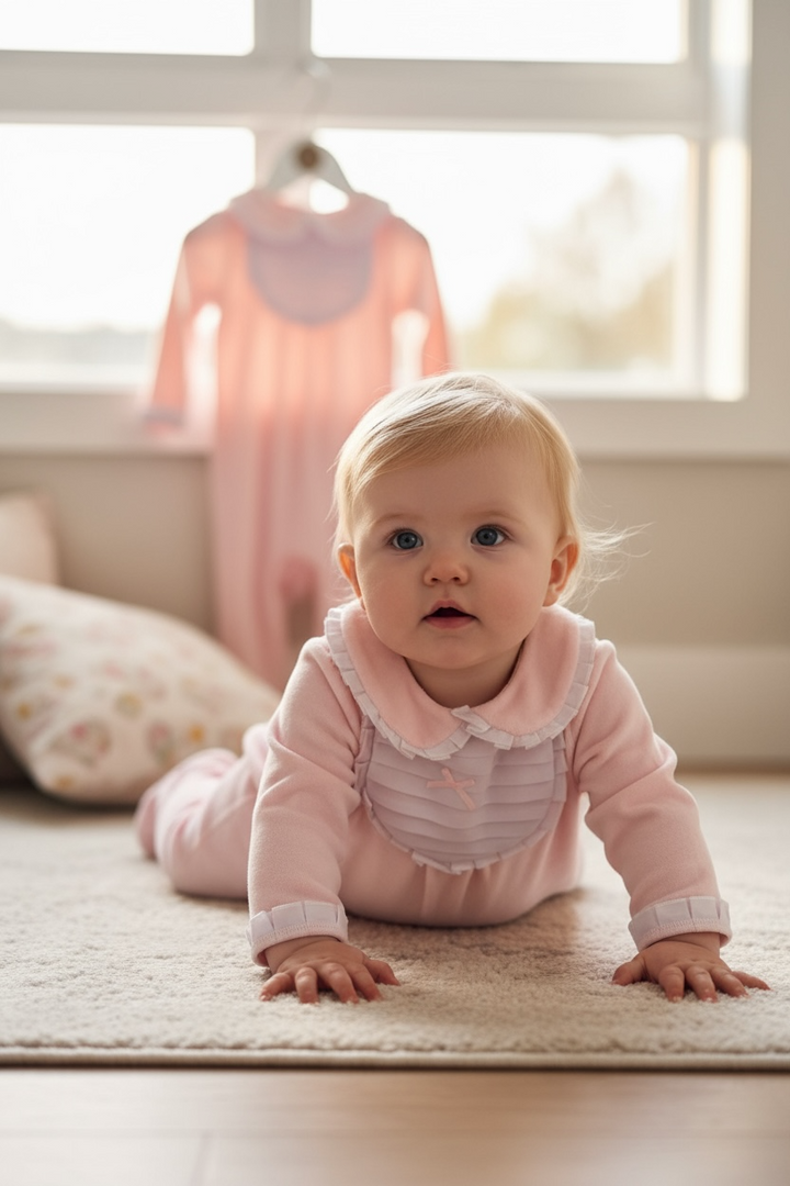 Pink Pleated Velour Baby grow