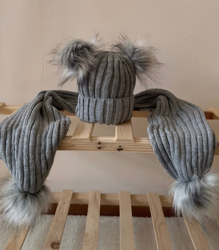 Pom Pom Hat with Matching Scarf Grey