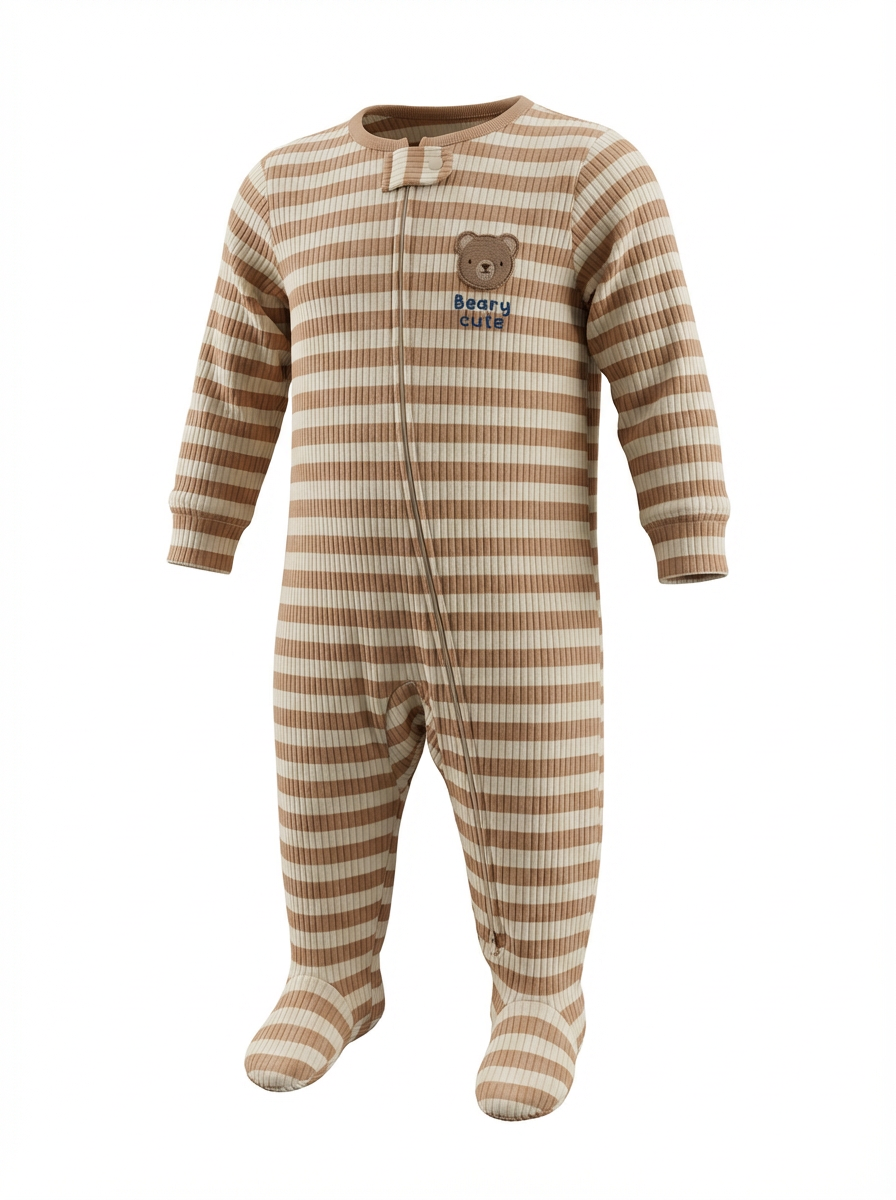 Beige Stripped Teddy Zip Sleepsuit
