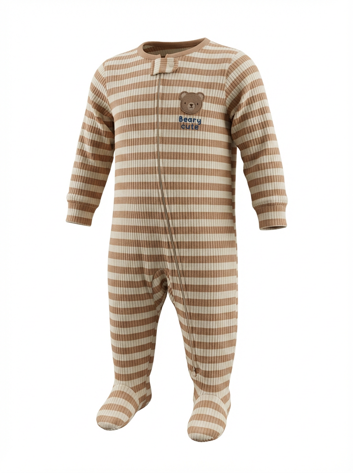 Beige Stripped Teddy Zip Sleepsuit