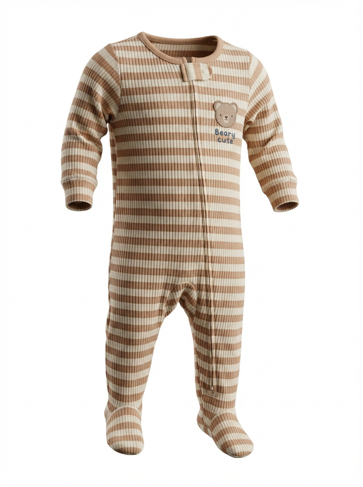 Beige Stripped Teddy Zip Sleepsuit