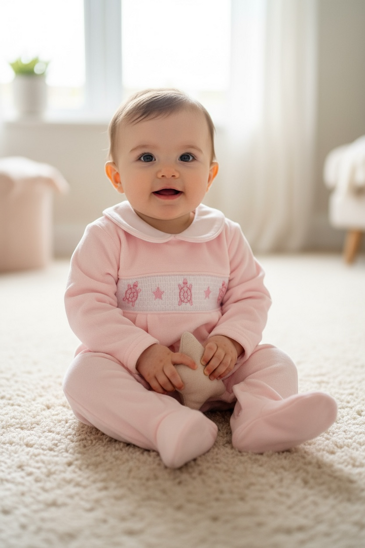 Pink Velour Turtler Baby grow
