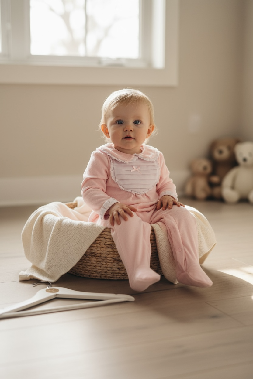 Pink Pleated Velour Baby grow
