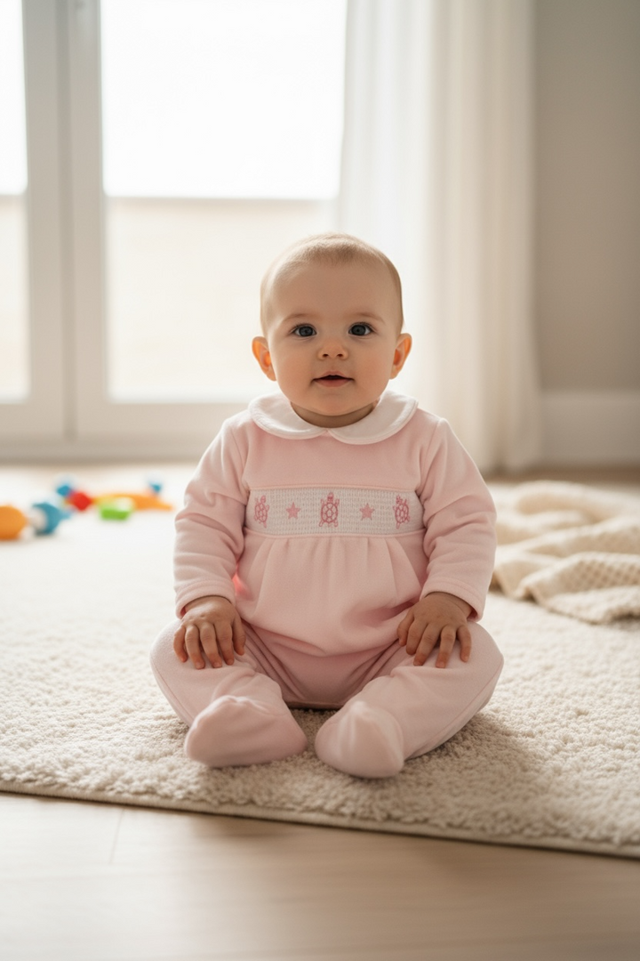Pink Velour Turtler Baby grow
