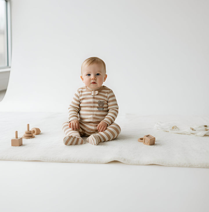 Beige Stripped Teddy Zip Sleepsuit