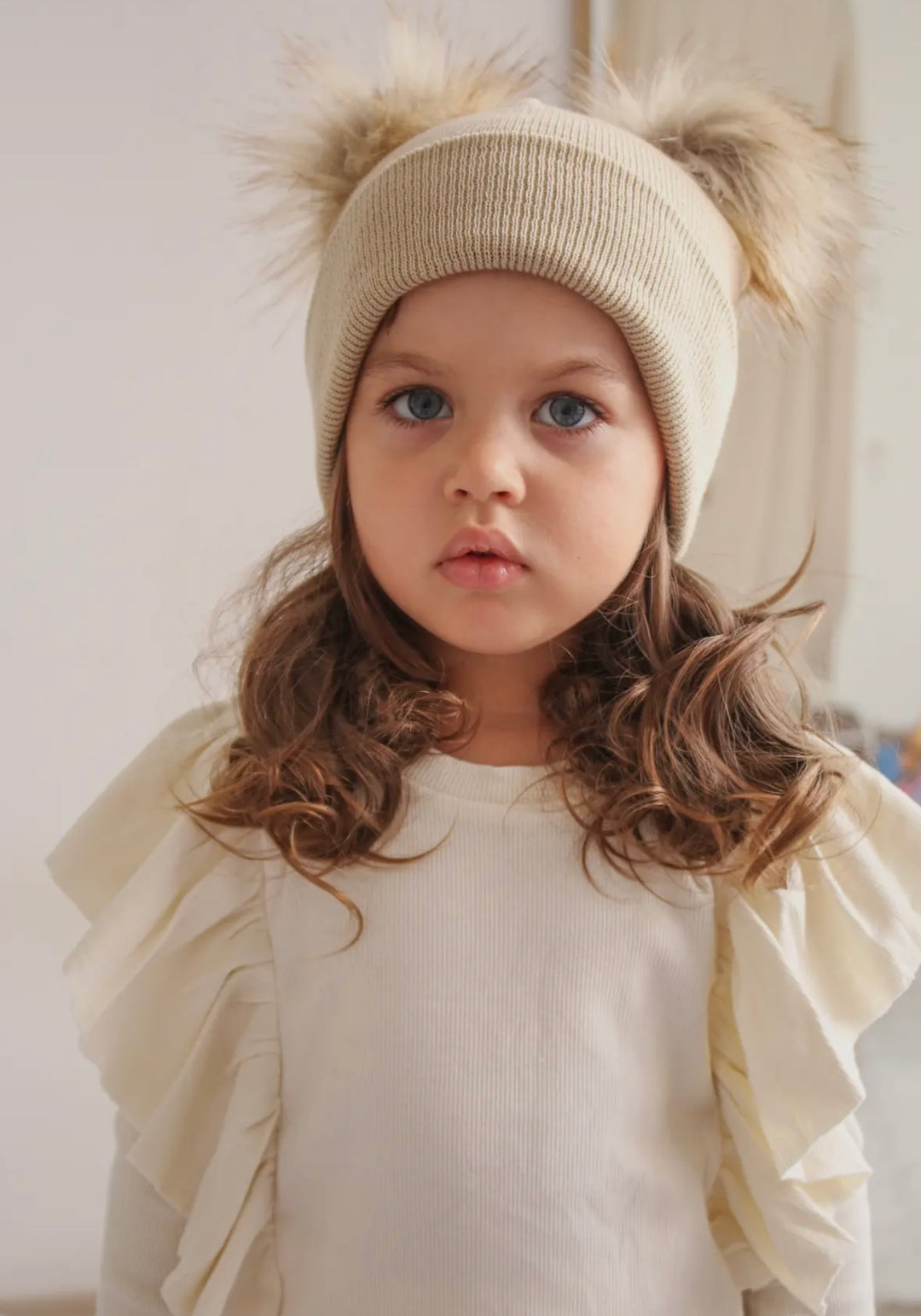 Beige Pom Pom Hat