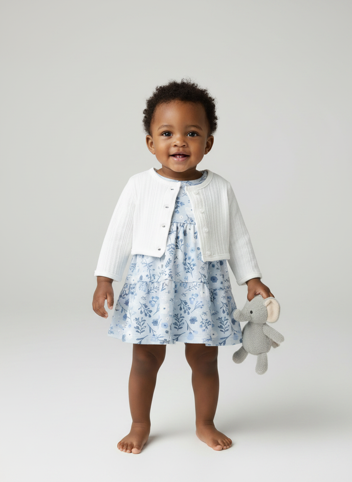 Blue Floral Dress with Cardigan