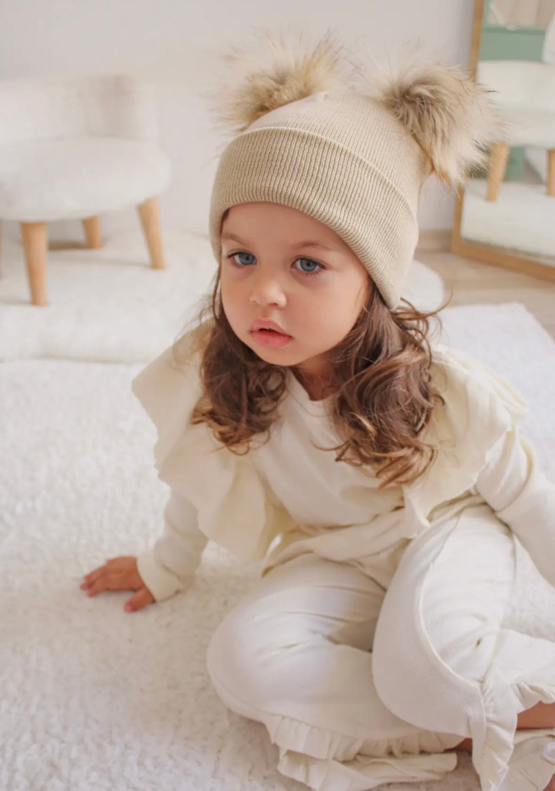 Beige Pom Pom Hat