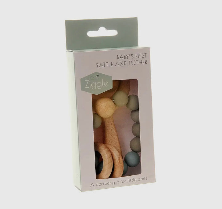 Wooden Teether & Rattle Blue/Grey