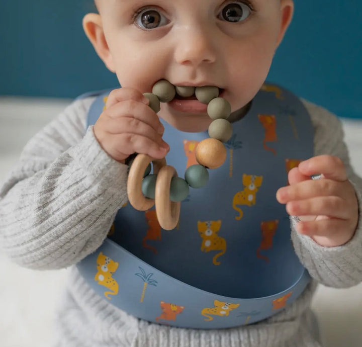 Wooden Teether & Rattle Blue/Grey