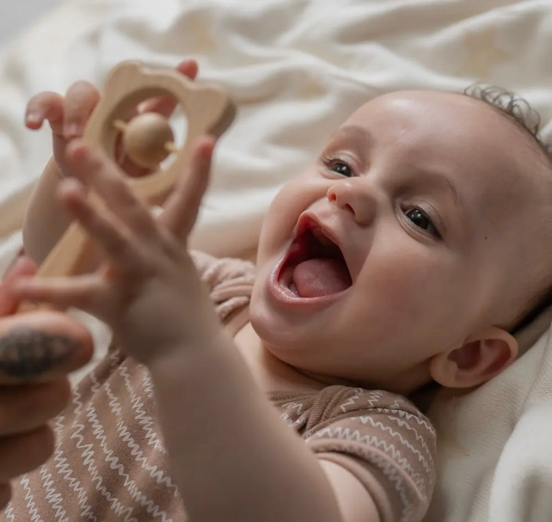 Wooden Teether & Rattle Blue/Grey