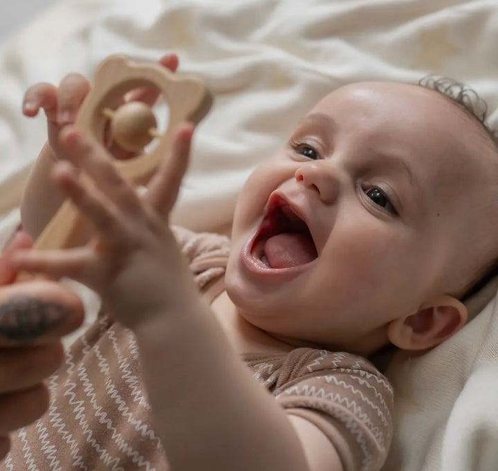 Wooden Teether & Rattle Blue/Grey